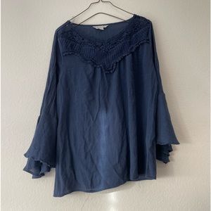Vintage Blue Long sleeve Blouse with Lace Detail